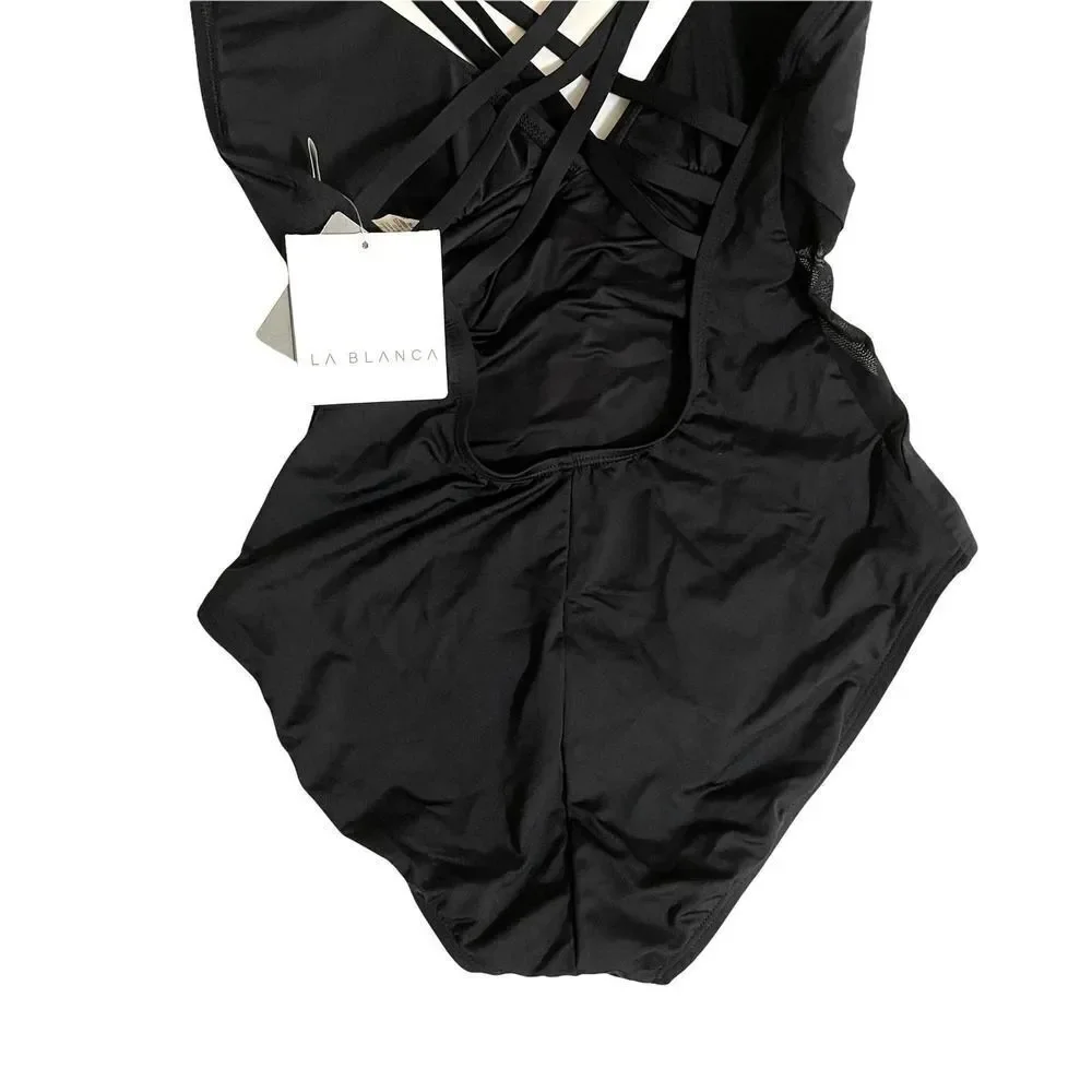 NEW La Blanca Mesh-Merizing Side‎ Mesh Cross-Back Mio One Piece Swimsuits Sz 8